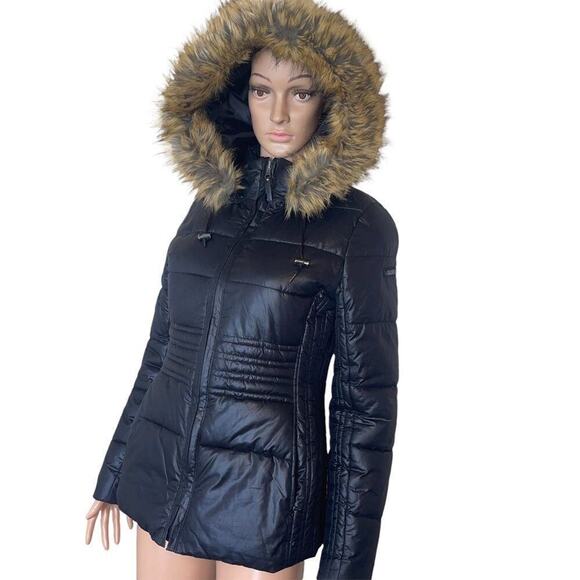 Calvin Klein cost black puffer coat with faux fur hood zip up coat SZ SP - Picture 3 of 11